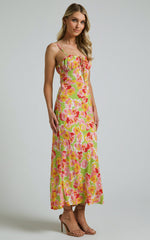 Elmerie Midi Dress - Sleeveless Tie Neck Front Dress in Green Floral Print