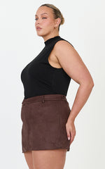 Priscilla Mini Skirt - Mid Waist Faux Suede Skirt in Dark Chocolate
