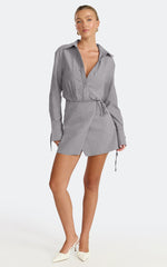 Heath Mini Dress - Collared Button Up Shirt Dress in Grey Stripe