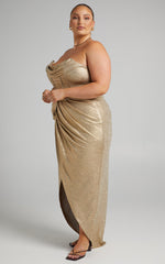 Adrie Midi Dress - Strapless Corset Bodice Dress in Gold