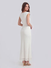 Asymmetric Sleeve Bodycon Gown With Knot-Shoulder Detail