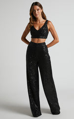 Abela Two Piece Set - Crop Top and Wide Leg Pants Set in Black Sequin