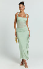 Almarie Midi Dress - Halter Neck Mesh Dress in Sage