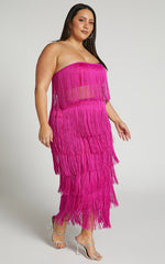 Amalee Two Piece Set - Fringe Strapless Crop Top and Midi Skirt Set in Pink