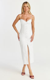 Anessa Midi Dress - Button Front Bustier Fitted Dress in White