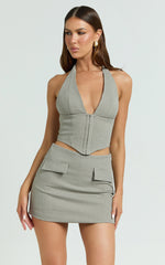 Angela Top - Check Plunge Halter Hook And Eye Top in Beige Check