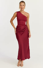 Astrid Midi Dress - One Shoulder Contrast Satin Dress in Wine