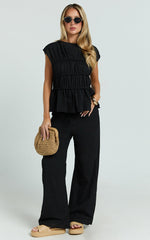 Auric Two Piece Set - Ruched Detail Top and Wide Leg Pants Set in Black