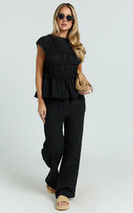 Auric Two Piece Set - Ruched Detail Top and Wide Leg Pants Set in Black