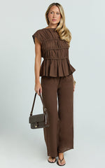 Auric Two Piece Set - Ruched Detail Top and Wide Leg Pants Set in Brown