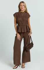 Auric Two Piece Set - Ruched Detail Top and Wide Leg Pants Set in Brown