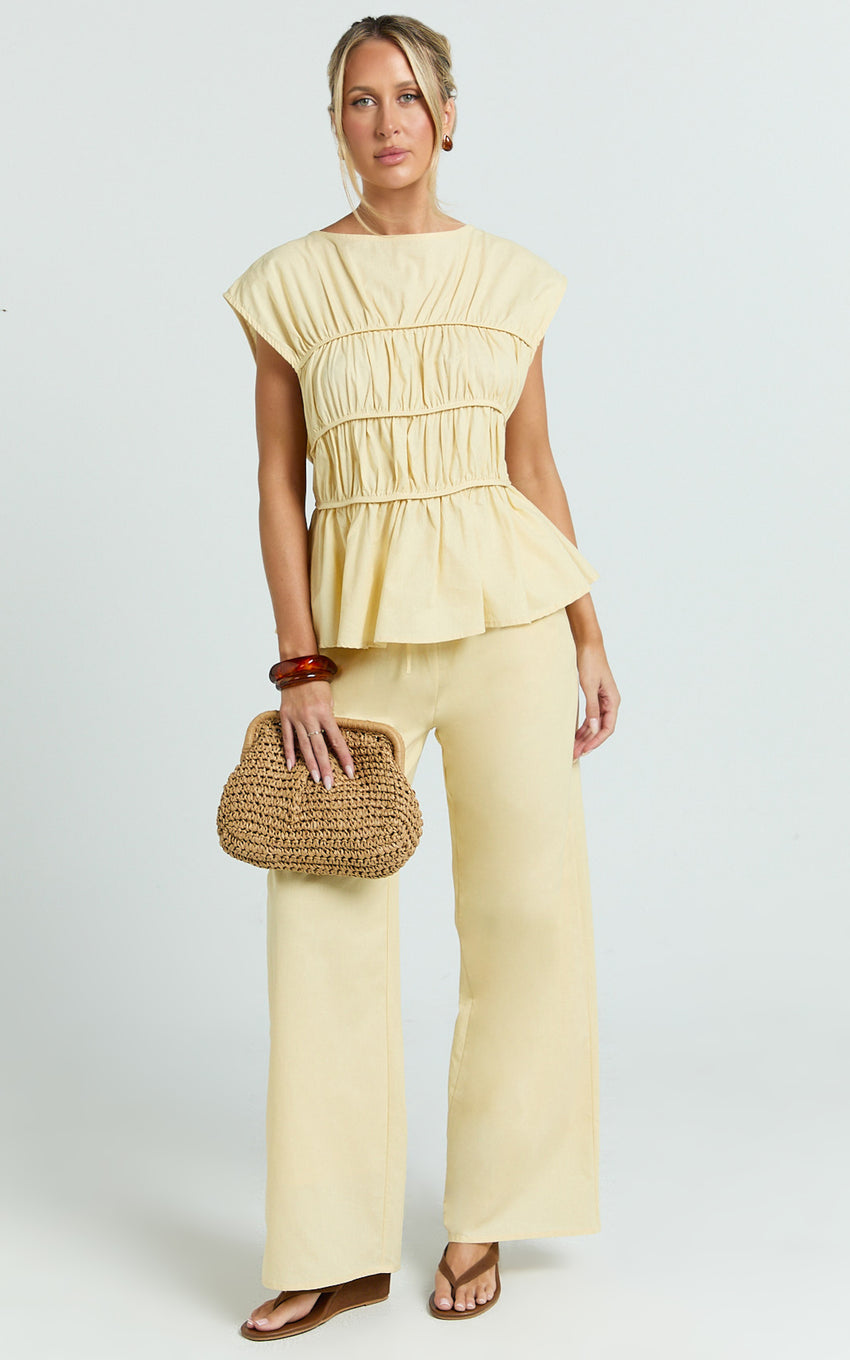 Auric Two Piece Set - Ruched Detail Top and Wide Leg Pants Set in Lemon