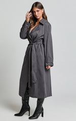 Avah Trench Coat - Double Breasted Tie Waist Coat in Charcoal