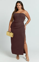 Avery Midi Dress - Strapless Draped Side Split Dress in Chocolate