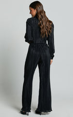 Beca Pants - High Waisted Plisse Flared Pants in Black