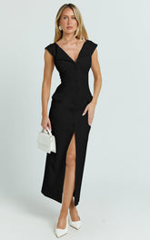 Calista Midi Dress - Boat Neck Button Down Pencil Dress in Black