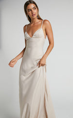 Cariela Maxi Dress - Plunge Neck Satin Dress in Champagne