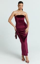 Cartia Midi Dress - Velvet Strapless Bodycon Dress in Wine