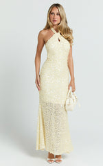 Celeste Midi Dress - Sequin Halter Low Back Dress in Lemon