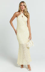 Celeste Midi Dress - Sequin Halter Low Back Dress in Lemon