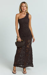 Charlene Maxi Dress - Crochet Knitted One Shoulder Maxi Dress in Chocolate