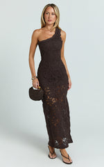 Charlene Maxi Dress - Crochet Knitted One Shoulder Maxi Dress in Chocolate
