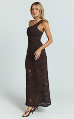 Charlene Maxi Dress - Crochet Knitted One Shoulder Maxi Dress in Chocolate