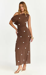 Cia Maxi Dress - Tipped Shoulder Linen Polkadot Dress in Chocolate
