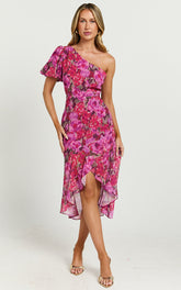Clabelle Midi Dress - One Shoulder Ruffle Tulip Hem Dress in Violette Blur Floral