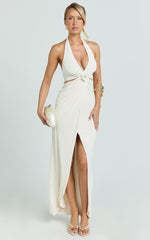 Cleo Maxi Dress - Halter Neck Floral Trim Cut Out Fitted Dress in Ivory