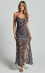 Darlene Midi Dress - Velvet Burnout Slip Cami Dress in Grey