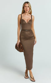 Desi Midi Dress - Spaghetti Strap V Neck Front Leg Split Dress in Chocolate
