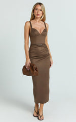 Desi Midi Dress - Spaghetti Strap V Neck Front Leg Split Dress in Chocolate