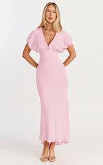 Desiree Midi Dress - V Neck Flutter Short Sleeve Slip Dress in Pink
