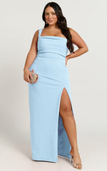 Donna Maxi Dress - Cowl Neck Column High Split Dress in Soft Blue