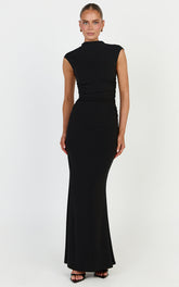 Eira Maxi Dress - High Neck Cap Sleeve Maxi Dress in Black