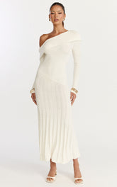 Elaine Midi Dress - Knit Off Shoulder Asymmetric Panel Dress in Cream