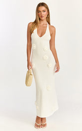 Elodie Maxi Dress - Halter 3D Floral Knit Dress in Cream