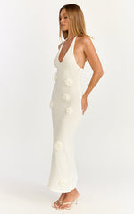 Elodie Maxi Dress - Halter 3D Floral Knit Dress in Cream