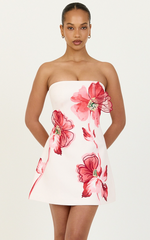 Elva Mini Dress - Strapless Floral Print Embroidered Dress in Water Colour Poppy Print