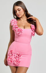 Emmy Mini Dress - Rosette Detail Fitted Dress in Bubblegum Pink