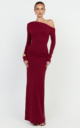 Faith Maxi Dress - Off Shoulder Long Sleeve Maxi Dress in Wine