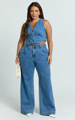 Fergie Top - Denim Crop Vest Top in Mid Blue Wash