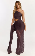Ferguson Maxi Dress - One Shoulder Draped Jersey and Lace Dress in Chocolate