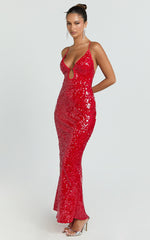 Finn Maxi Dress - Plunge Neck Sheer Sequin Slip Dress in Red