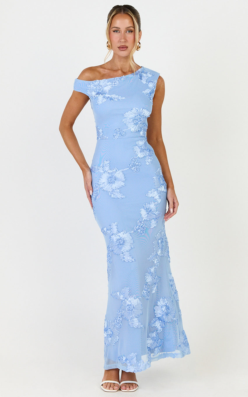 Flora Midi Dress - One Shoulder Dress in Blue