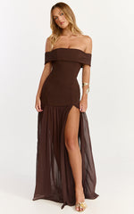 Florence Maxi Dress - Off Shoulder Sheer Skirt Dress in Chocolate
