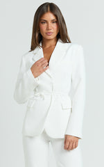 Harlee Blazer- Belted Cinch Waist Blazer in White