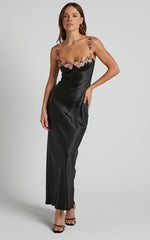 Harmony Maxi Dress - Floral Detail Cup Bust Satin Dress in Black