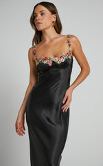 Harmony Maxi Dress - Floral Detail Cup Bust Satin Dress in Black